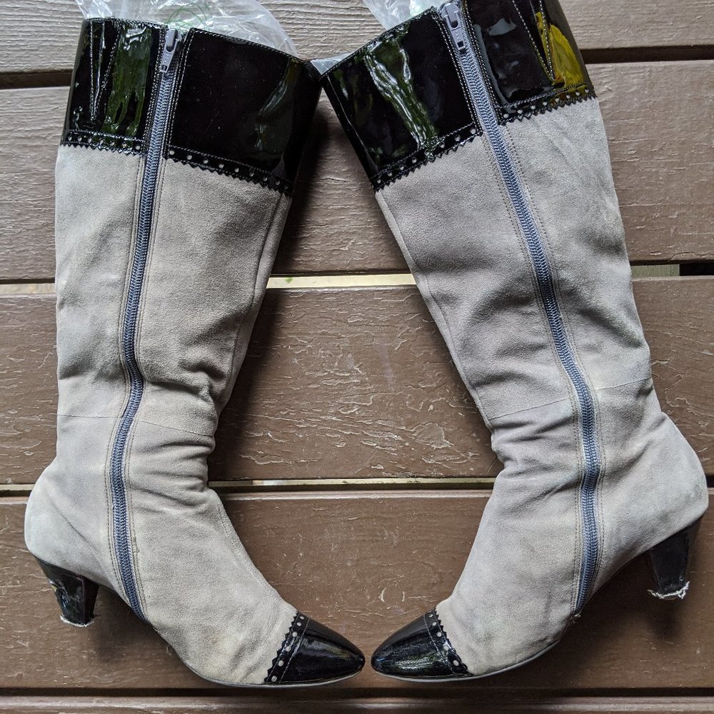 Arturo Chiang Women 6.5 Grey Trim Leather Knee High Boot Shoe Zip Kitten Heel